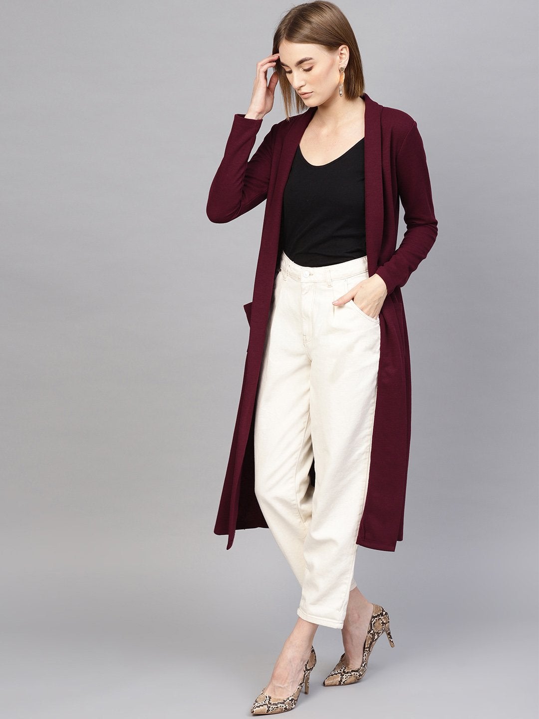Women's Burgundy Rib Longline Shrug
