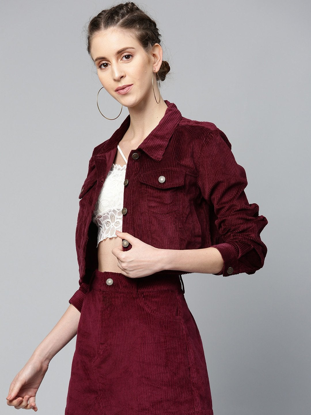 Women's Burgundy Corduroy Boxy Jacket