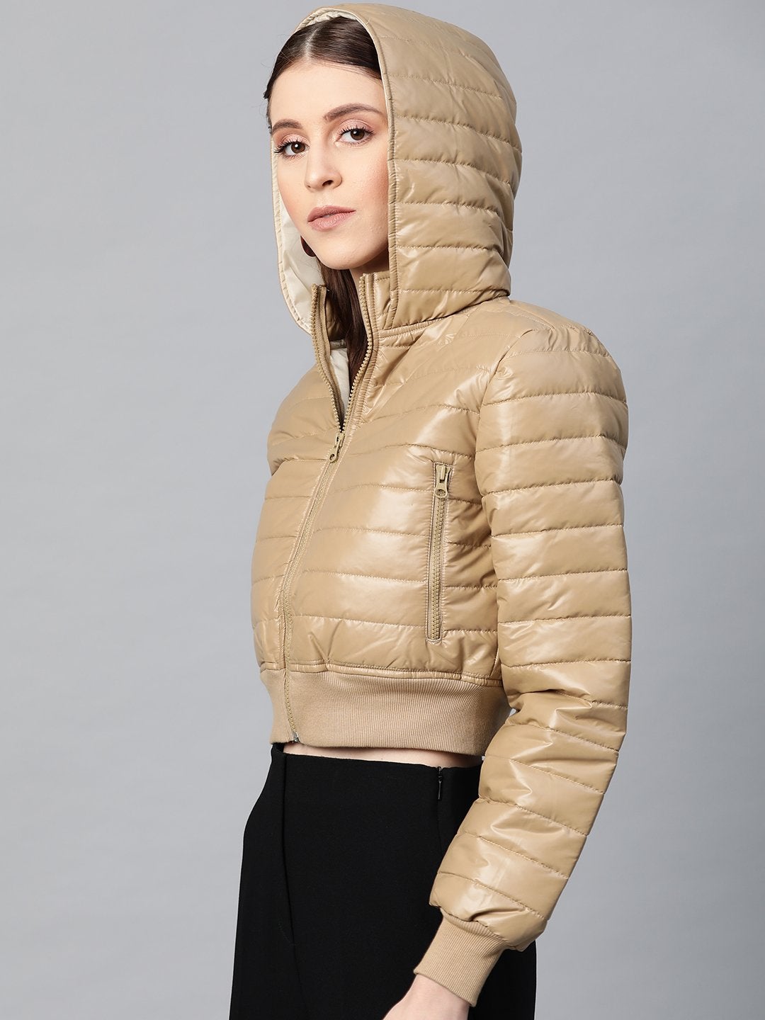 Women's Khaki Hooded Crop Bomber Puffer Jacket