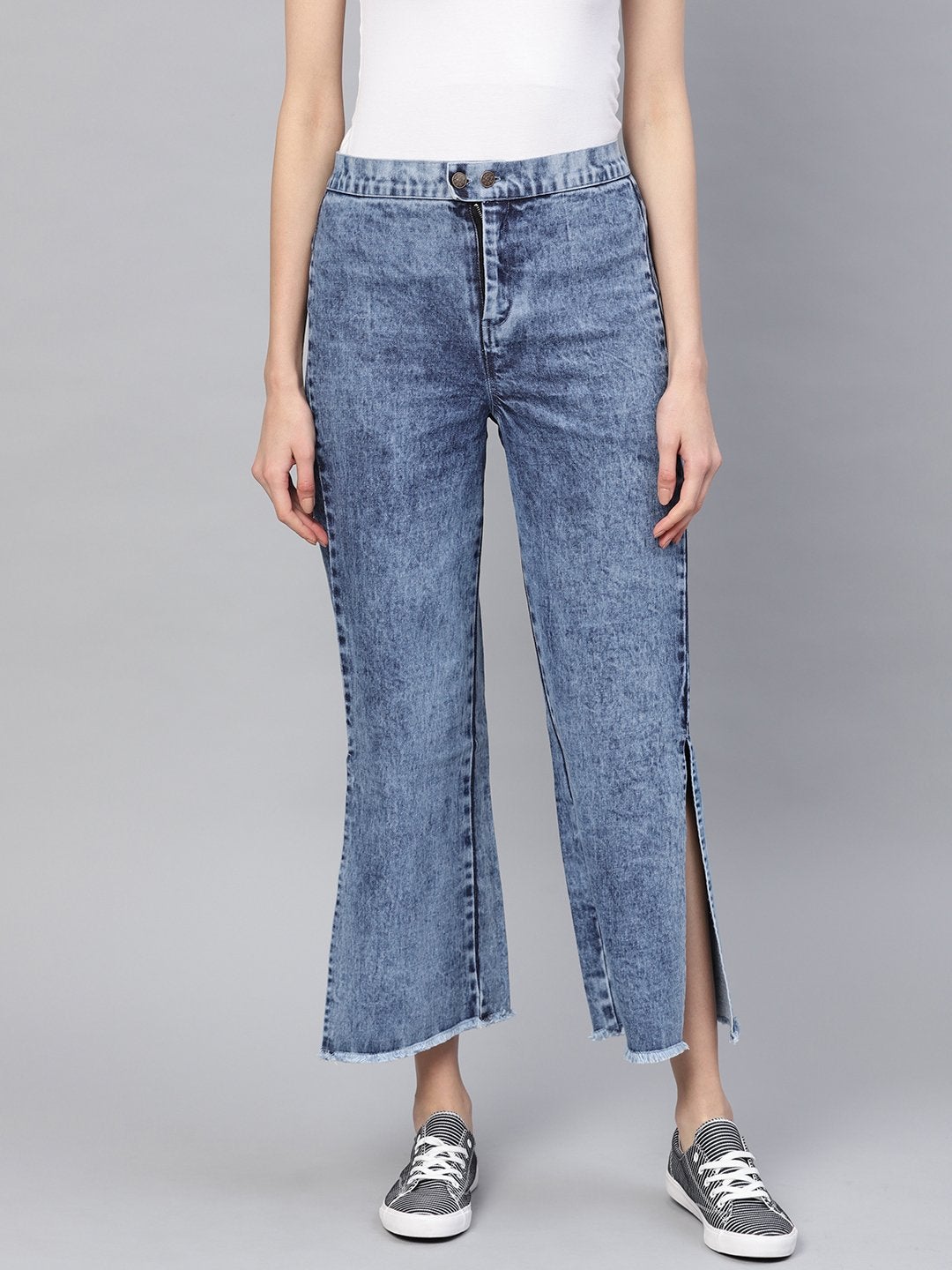 Women's Blue Denim Acid Wash Side Slit Pants