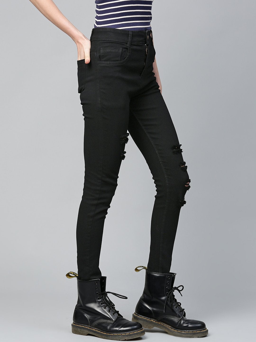Women's Black Heavy Distressed Multi-Slit Jeans