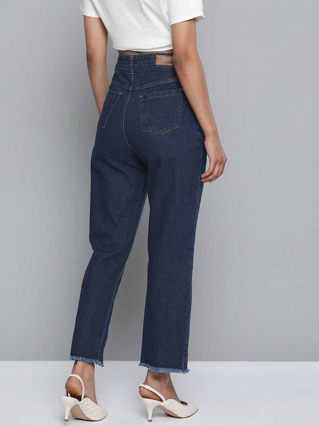 Women's Navy Zipper Fly Mom Jeans