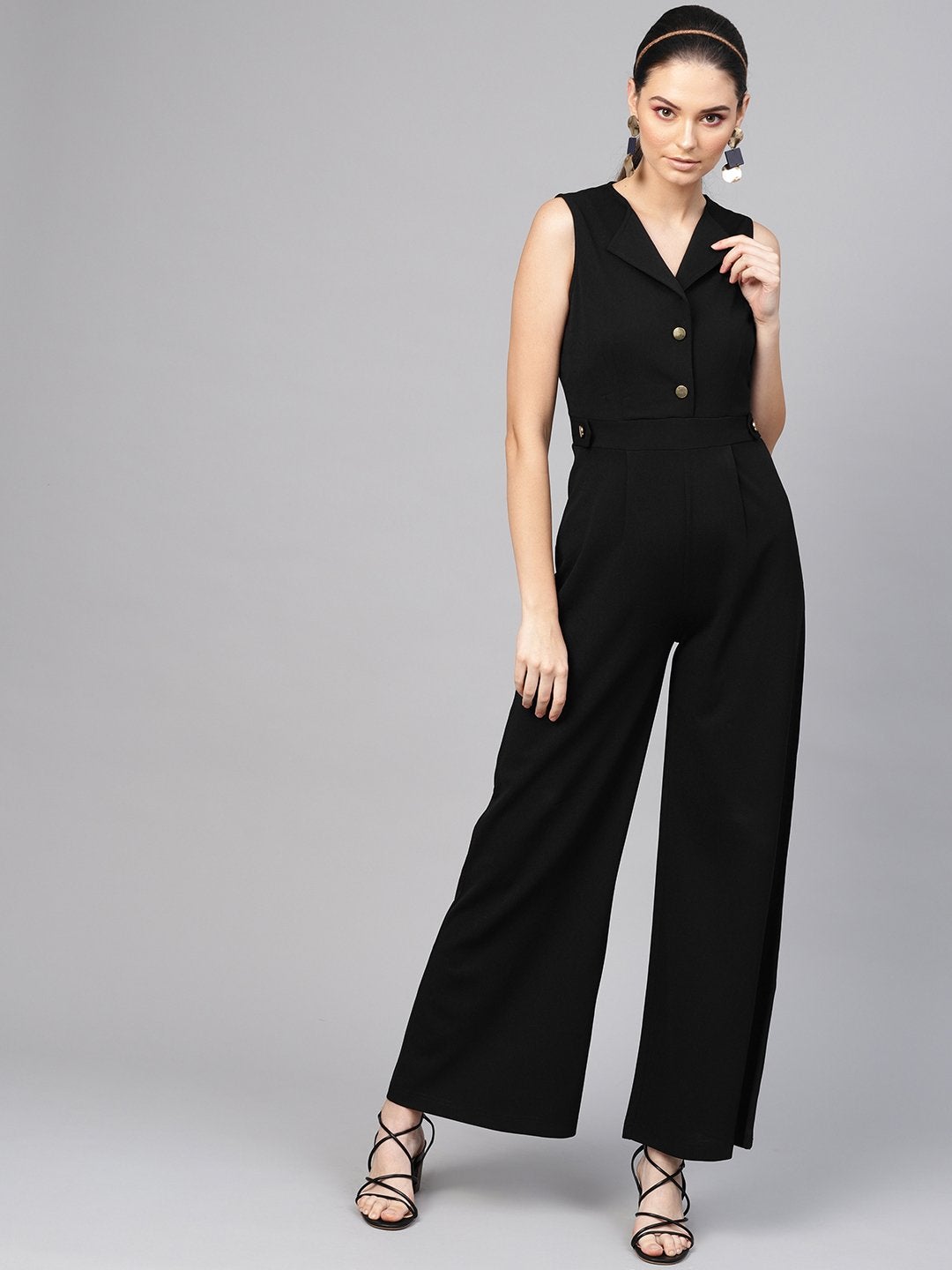 Women's Black Collared Flare Leg Jumpsuit
