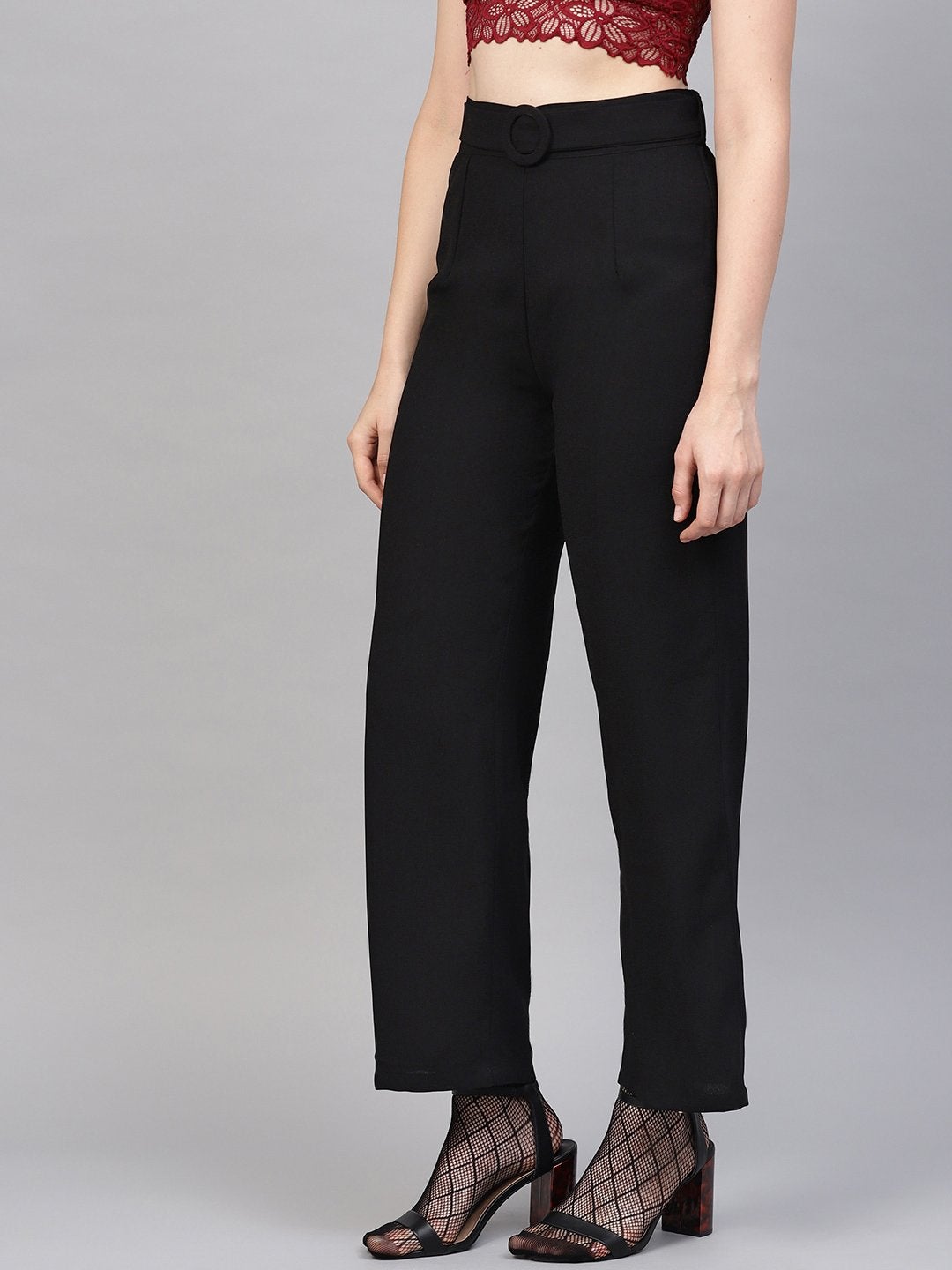 Women's Black Flared Buckle Belted Pant