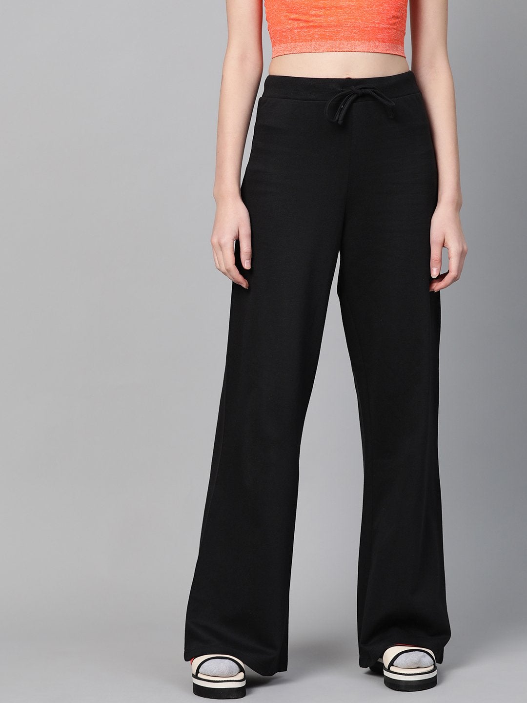 Women's Black Terry Wide Leg Drawstring Pants