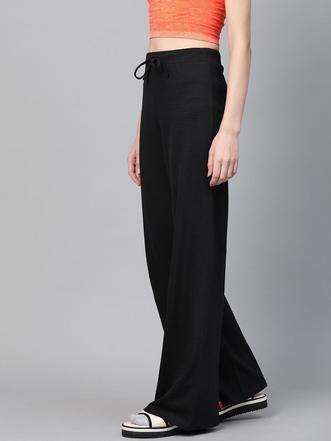 Women's Black Terry Wide Leg Drawstring Pants
