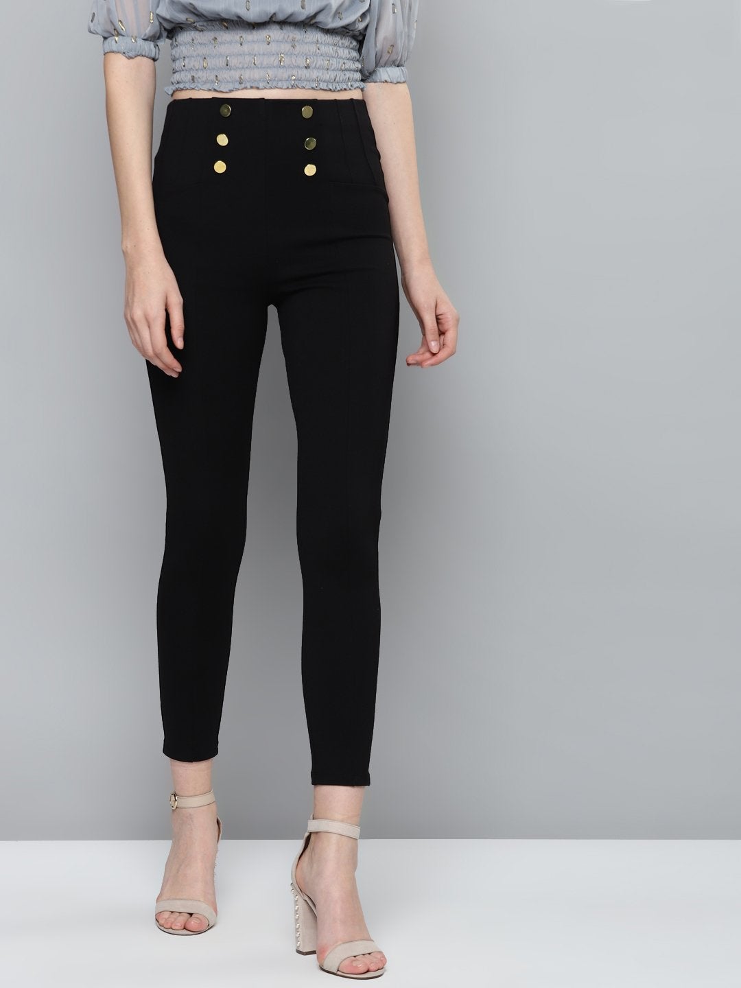 Women's Black Front Button High Waist Jeggings