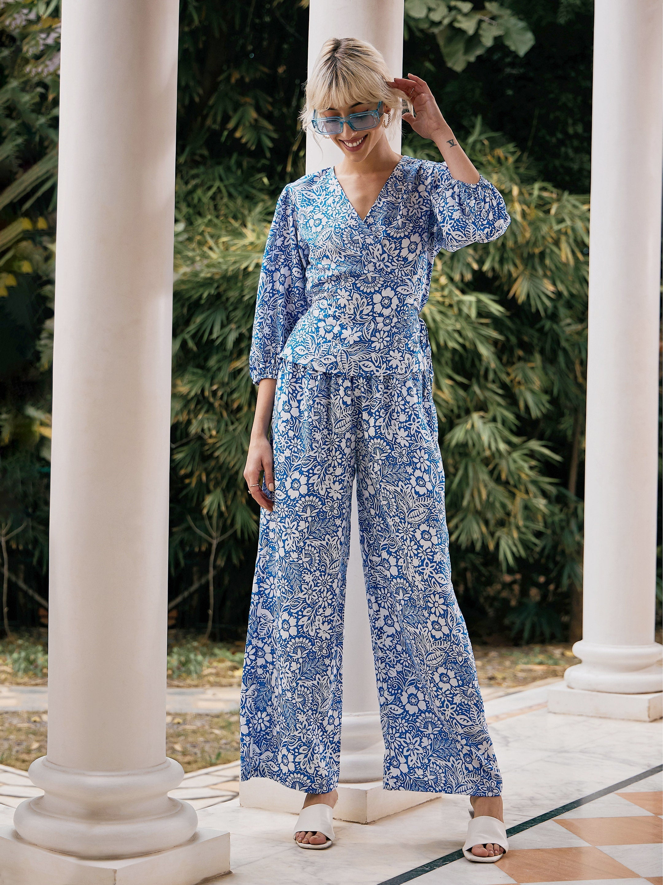 Women's Blue Floral Wrap Top With Palazzos