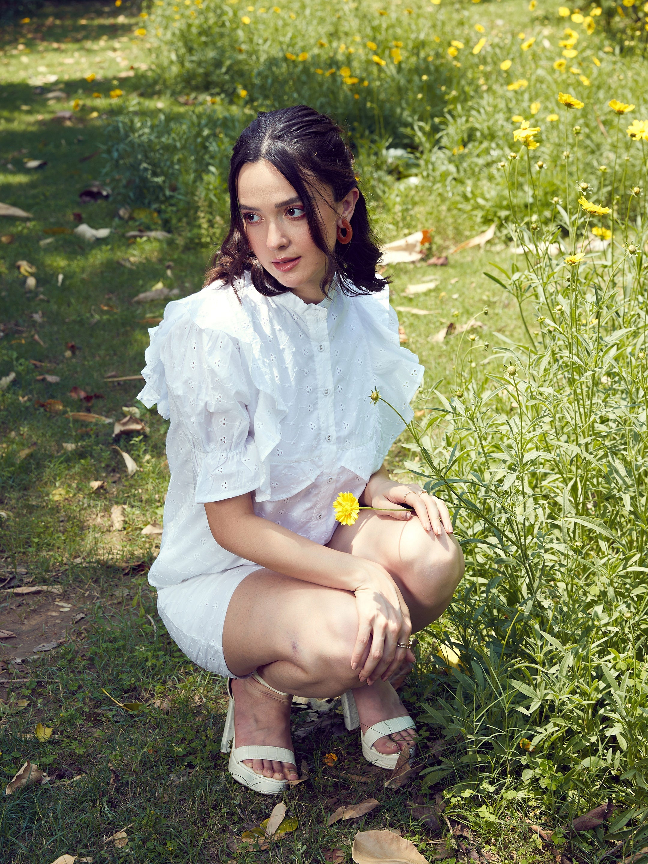 Women's White Schiffli Puff Sleeves Shirt With Paperwaist Shorts