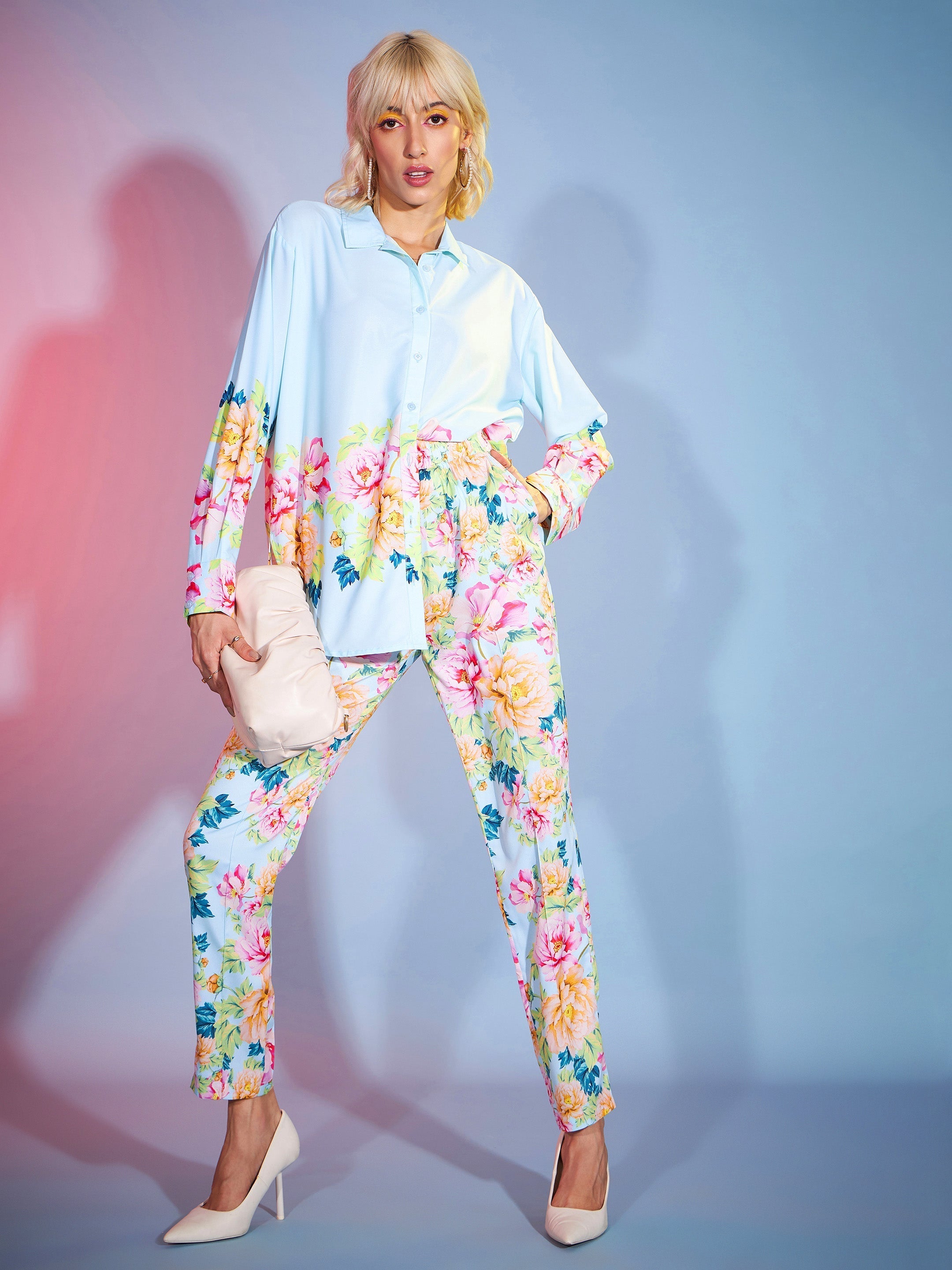 Women's Turquoise Floral Oversized Shirt With Tapered Pants