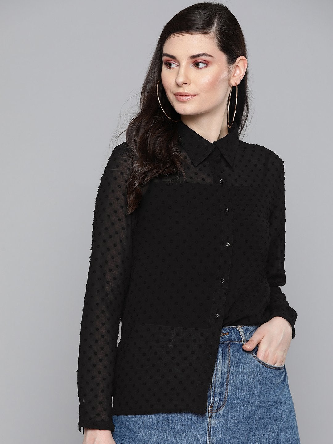 Women's Black Dobby Sheer Boxy Shirt