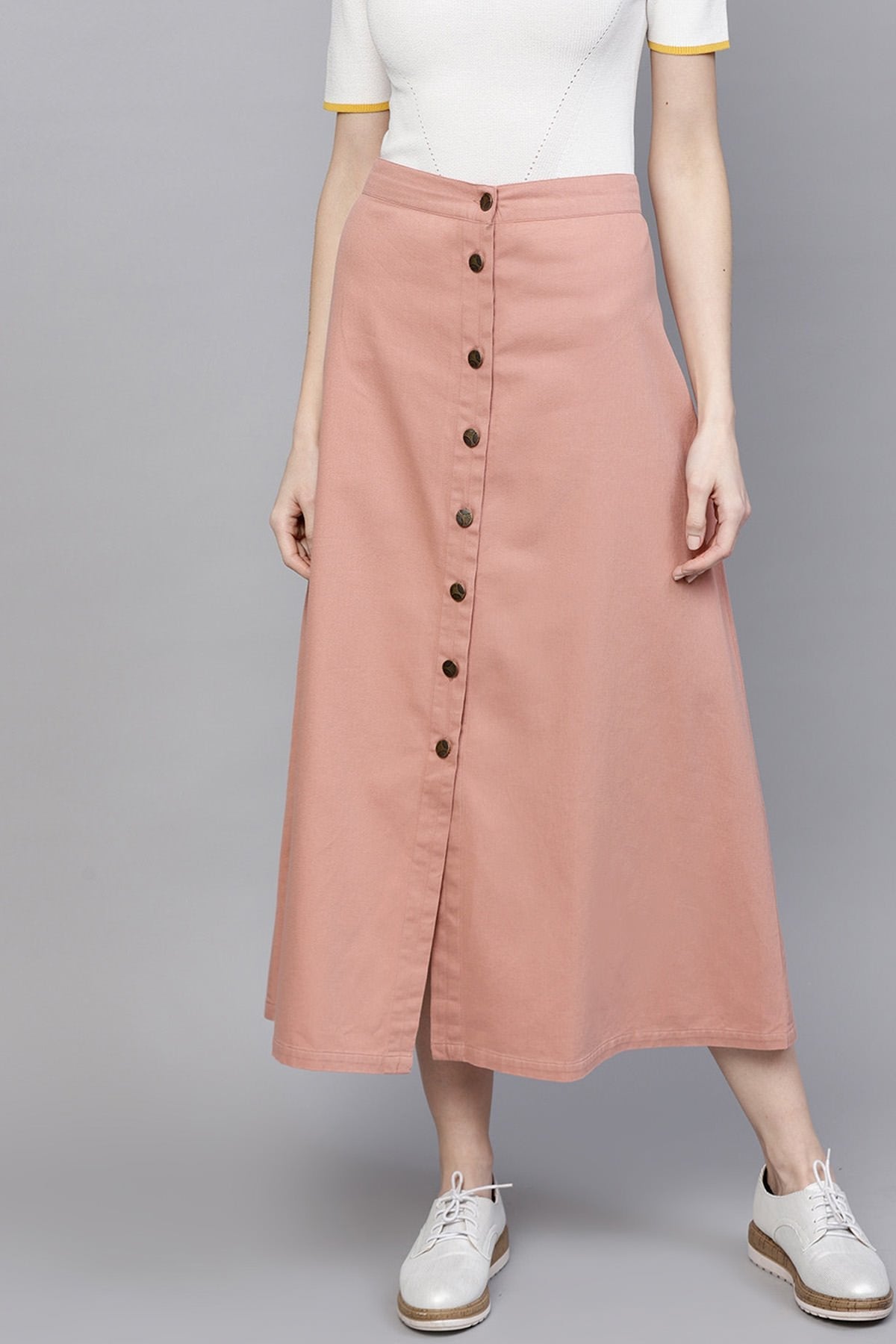 Women's Pink Denim Longline Buttoned Skirt