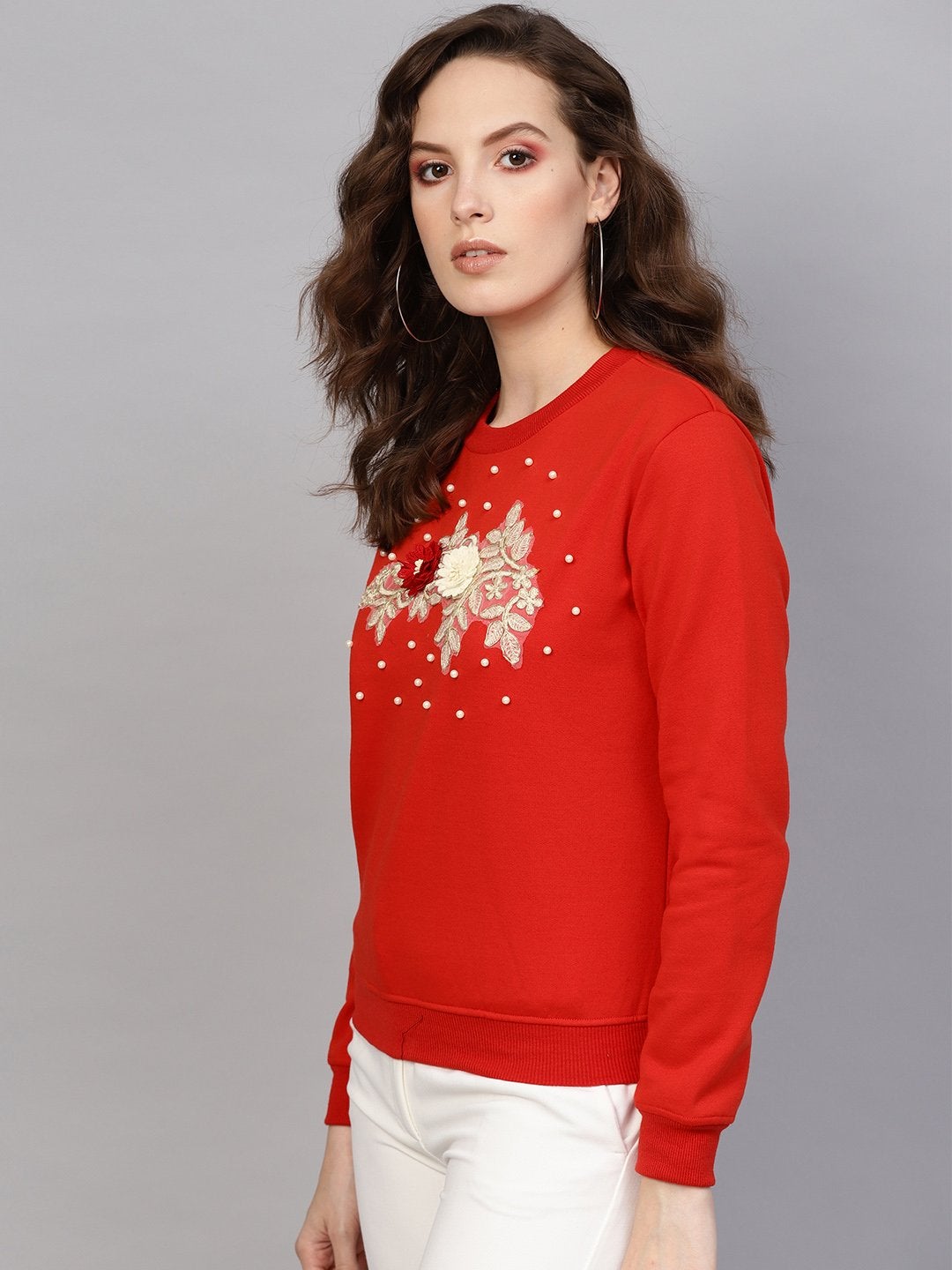 Women's Red Floral Front Patch Sweatshirt