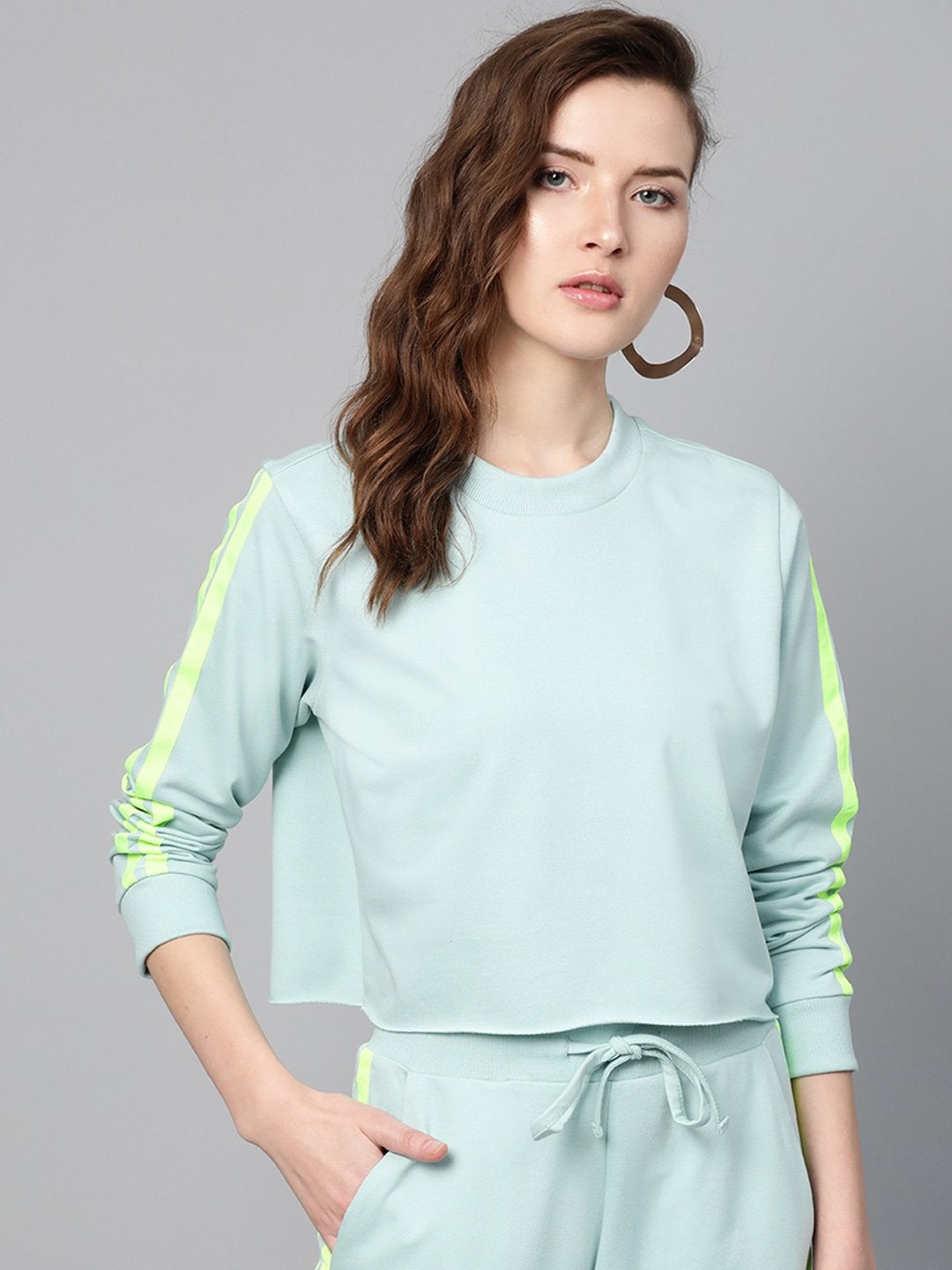 Women's Sea Green Double Tape Boxy Crop Sweatshirt