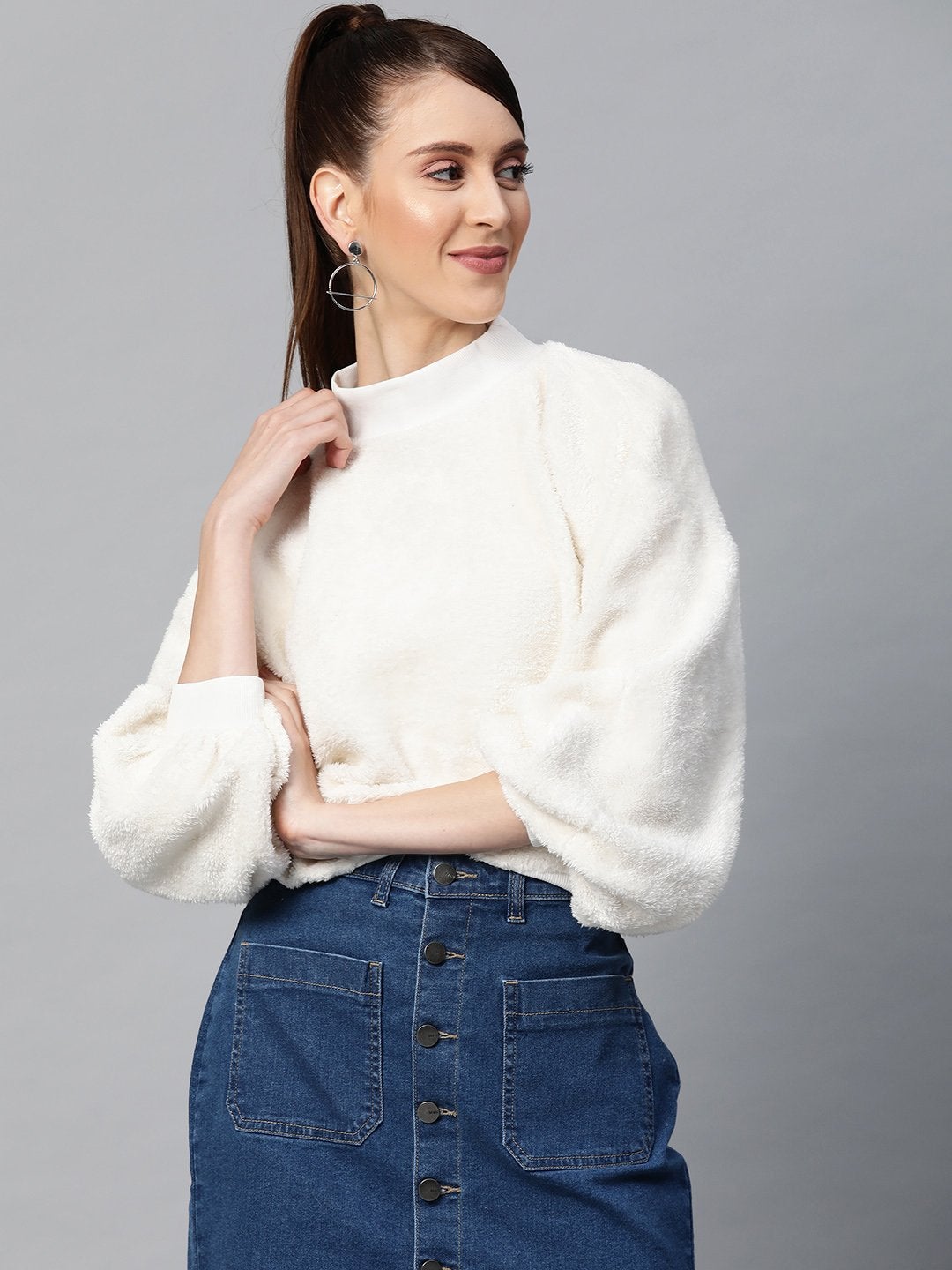 Women's White Balloon Sleeve Faux Fur Sweatshirt
