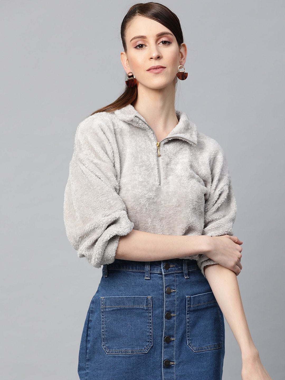 Women's Grey  Zip Front Faux Fur Crop Sweatshirt