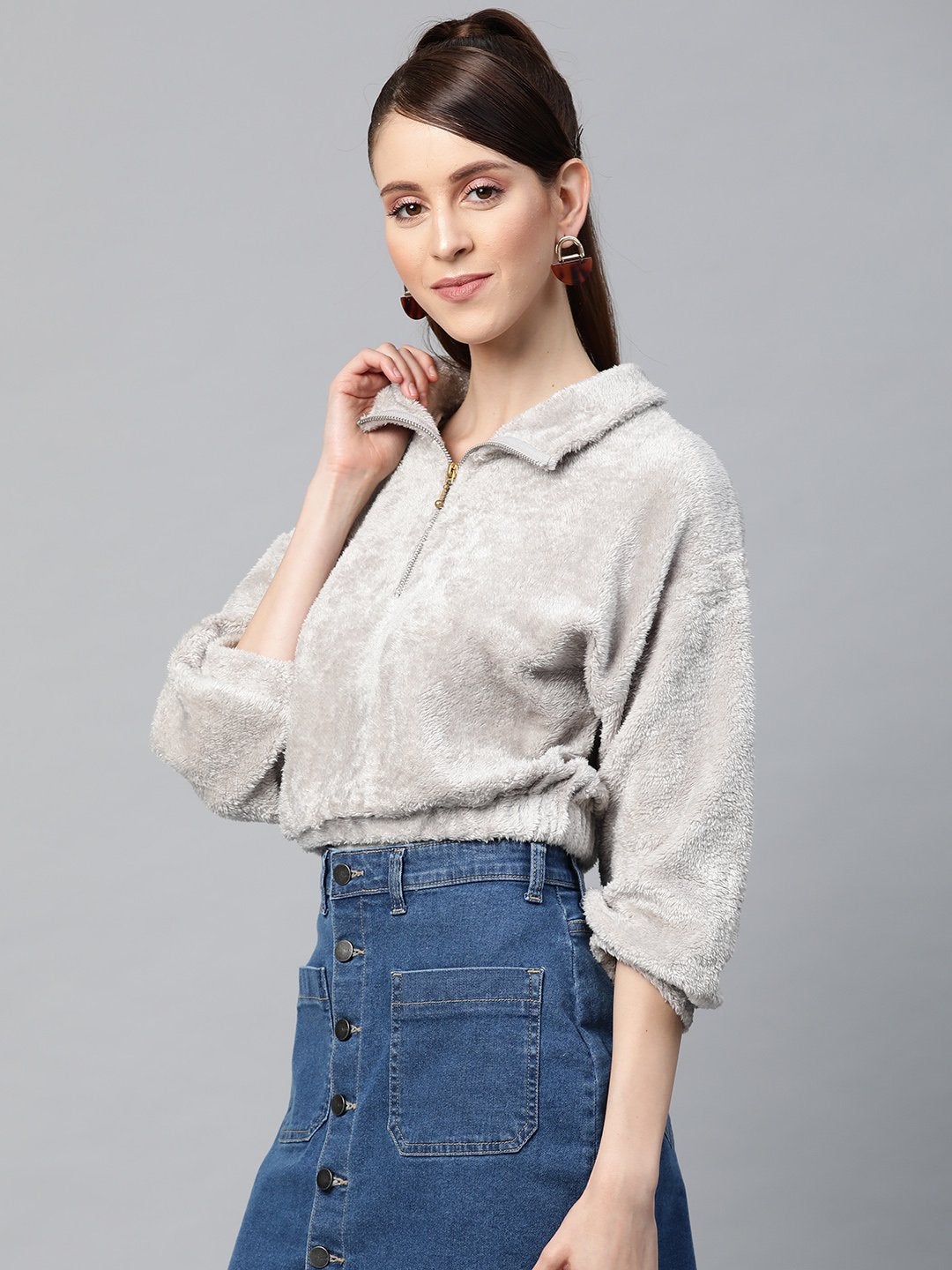Women's Grey  Zip Front Faux Fur Crop Sweatshirt