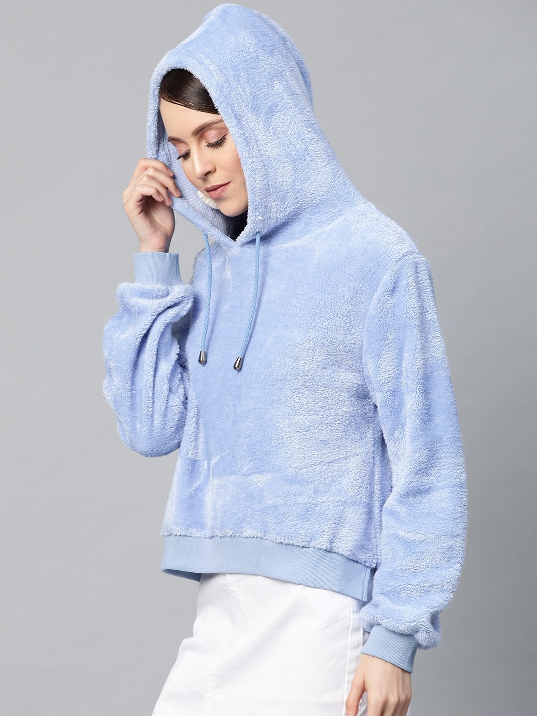 Women's Blue Hooded Faux Fur Sweatshirt