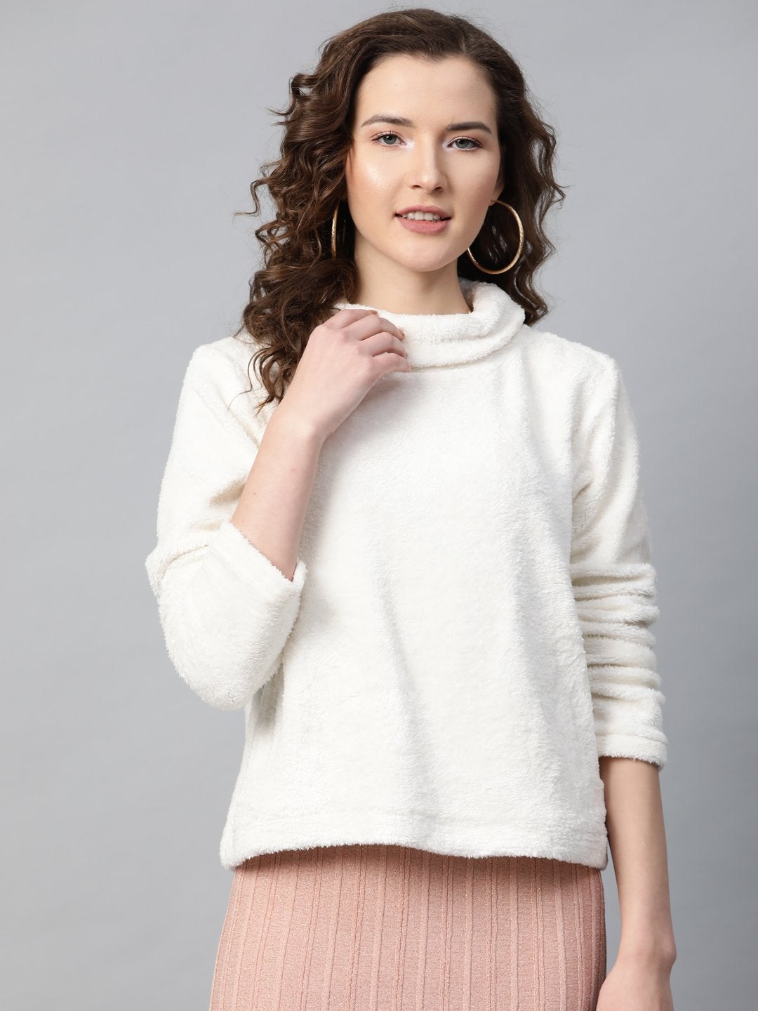 Women's White High Neck Faux Fur Sweatshirt