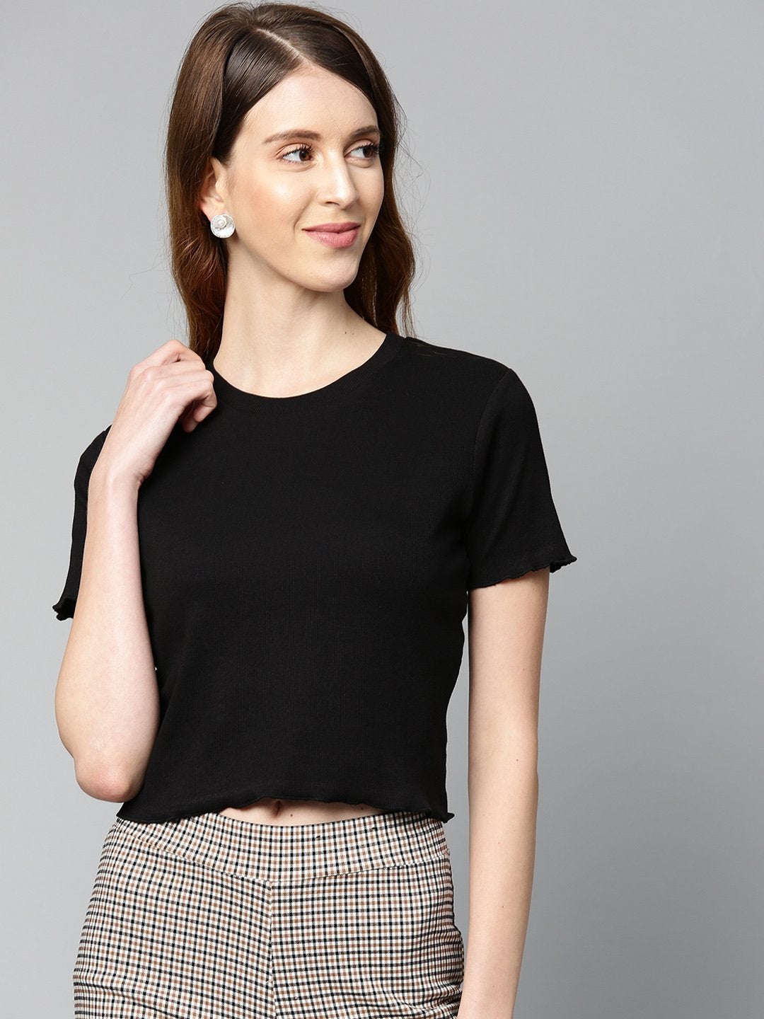 Women's Black Rib Round Neck Crop Top