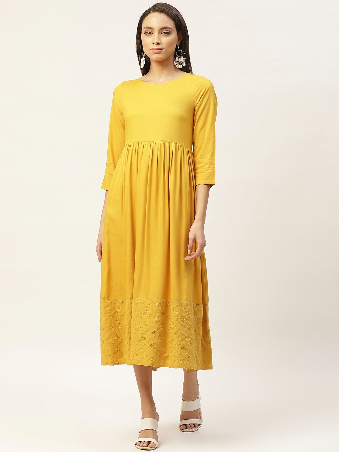 Women's Mustard Schiffli Gathered Midi Dress