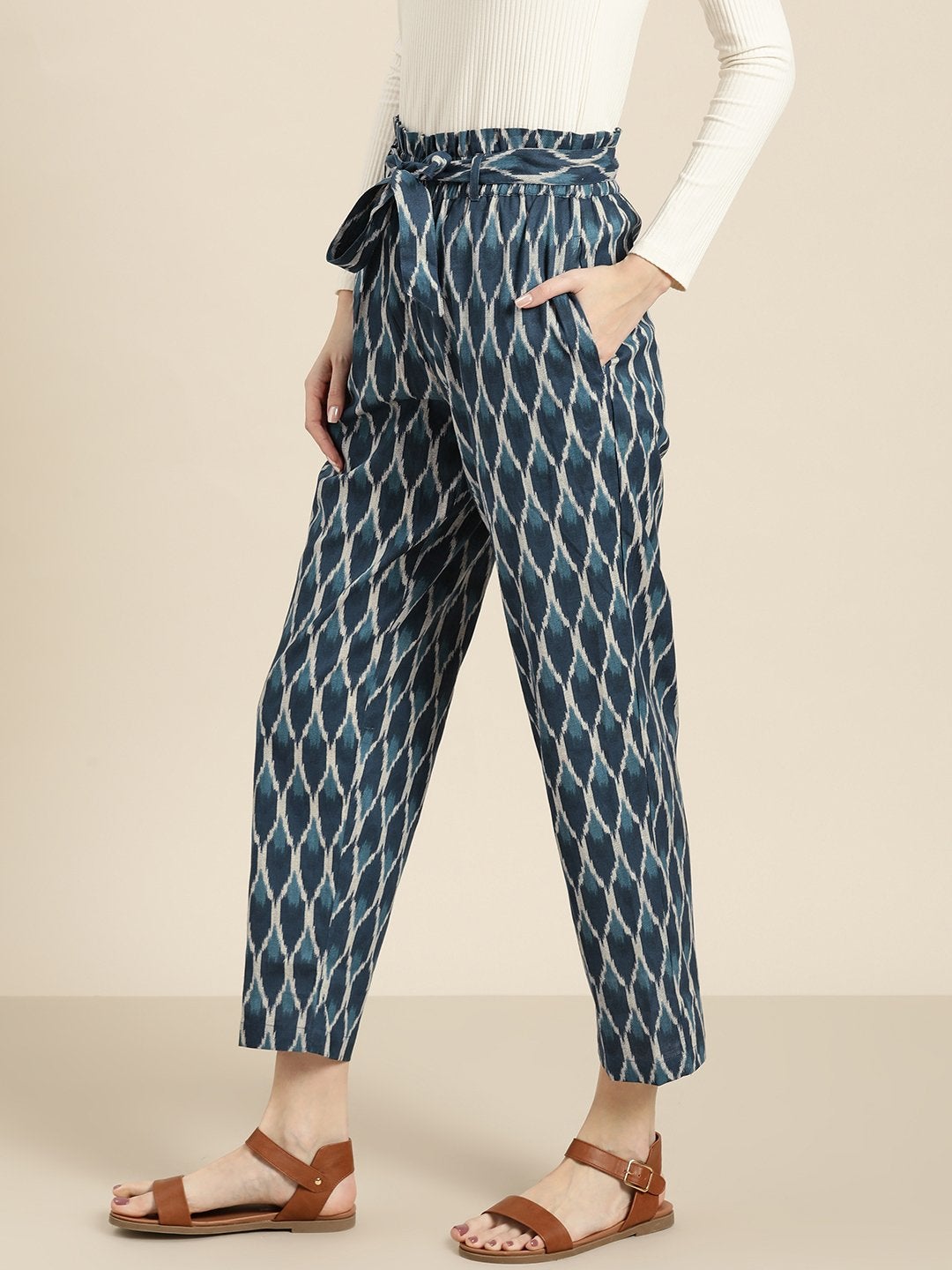 Women's Navy Ikat Paper Bag Pants
