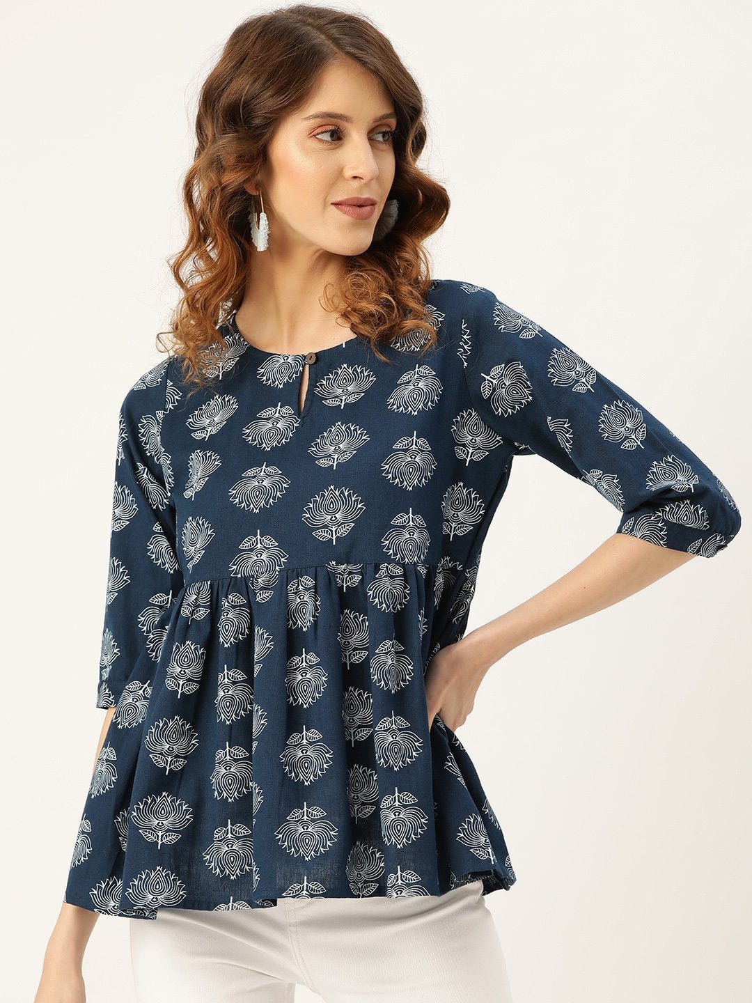 Women's Navy Lotus Print Peplum Top