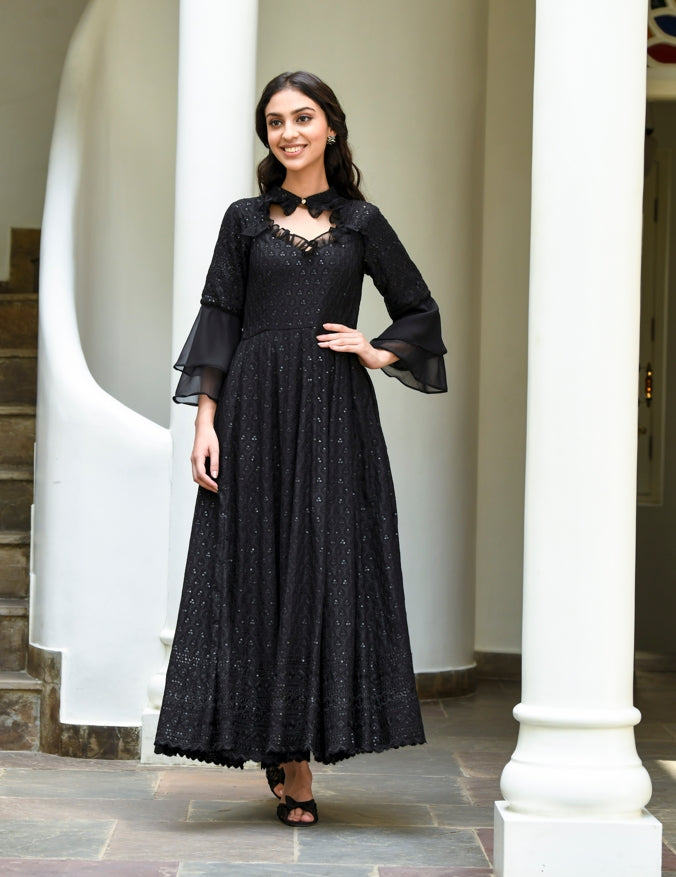 Women's Lucknowi Chikankari Black Embroidered Gown (1Pc)
