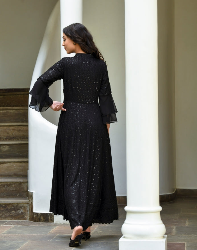 Women's Lucknowi Chikankari Black Embroidered Gown (1Pc)