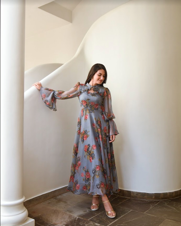 Women's Grey Digital Print Dress (1Pc)
