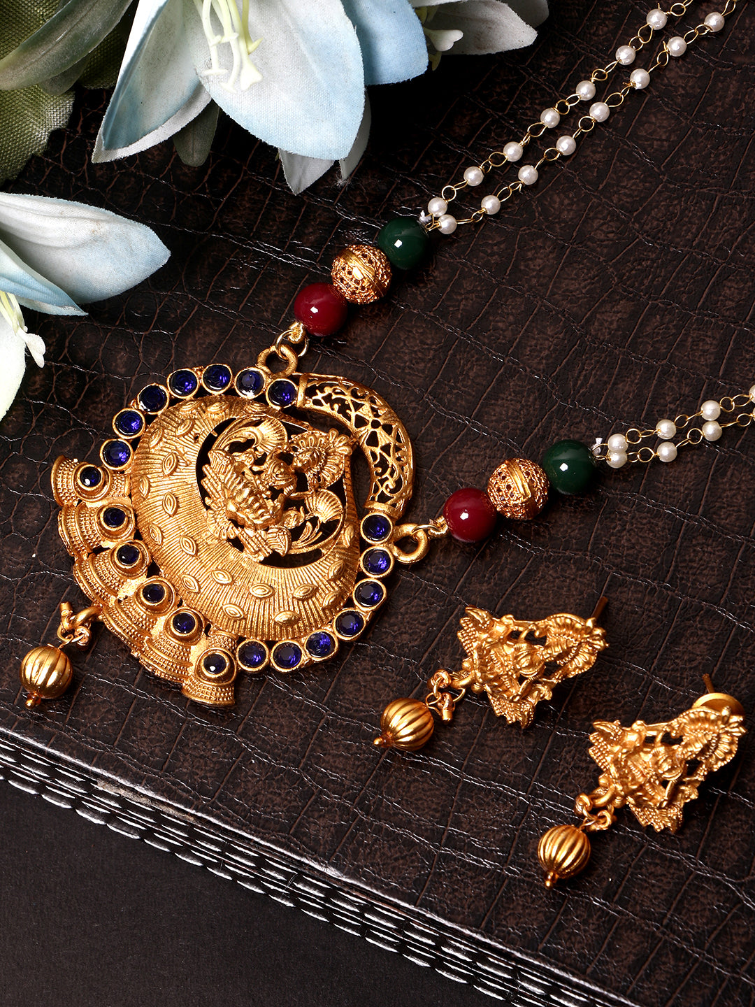Women's Gold Plated Maa Laxmi Stone Studded Necklace With Earrrings