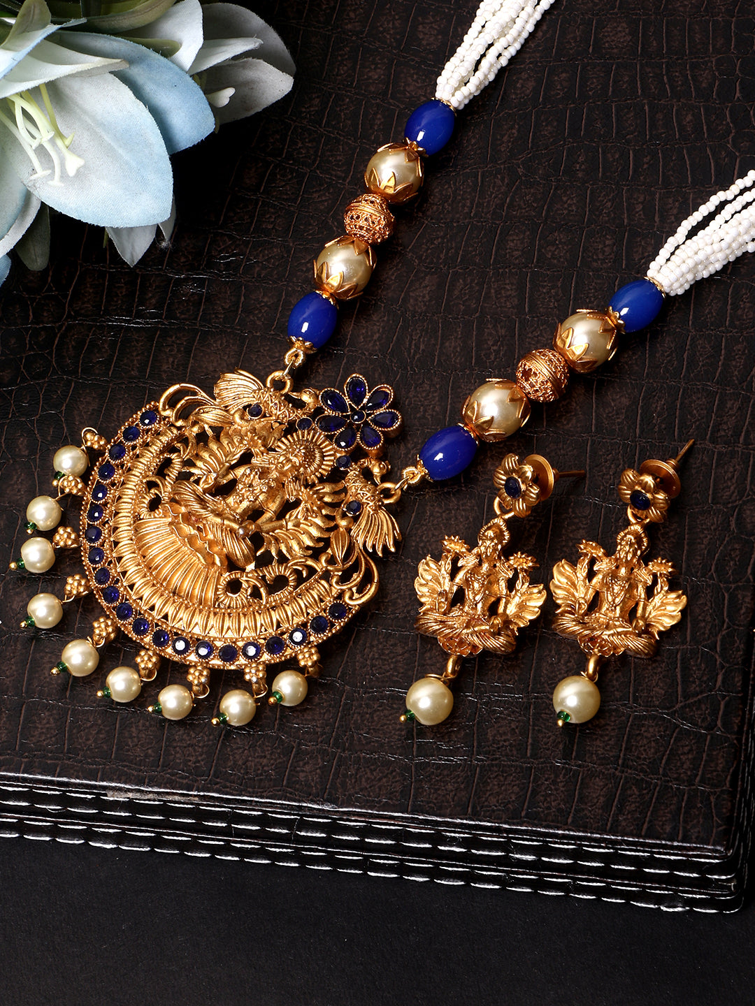 Women's Gold Plated Maa Laxmi Stone Studded Necklace With Earrrings