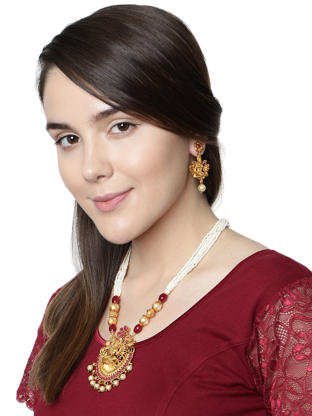 Women's Gold Plated Maa Laxmi Stone Studded Necklace With Earrrings