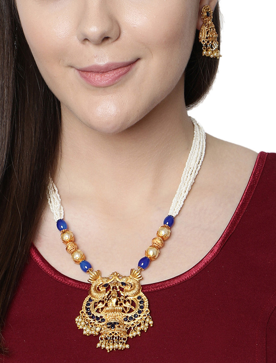 Women's Gold Plated Maa Laxmi Stone Studded Necklace With Earrrings