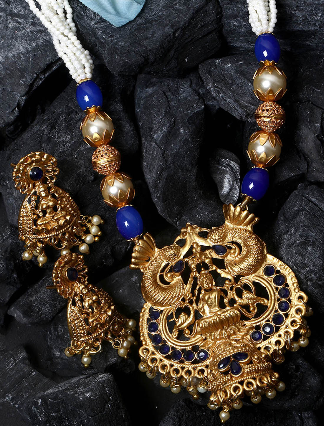 Women's Gold Plated Maa Laxmi Stone Studded Necklace With Earrrings