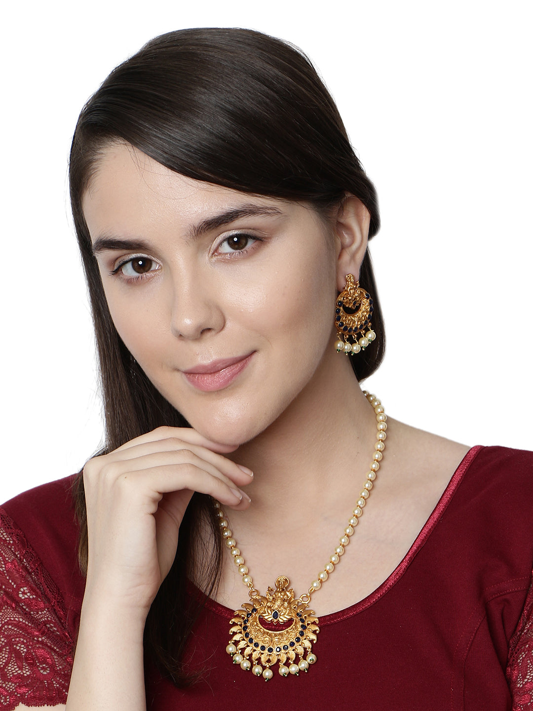 Women's Gold Plated Maa Laxmi Stone Studded Necklace With Earrrings
