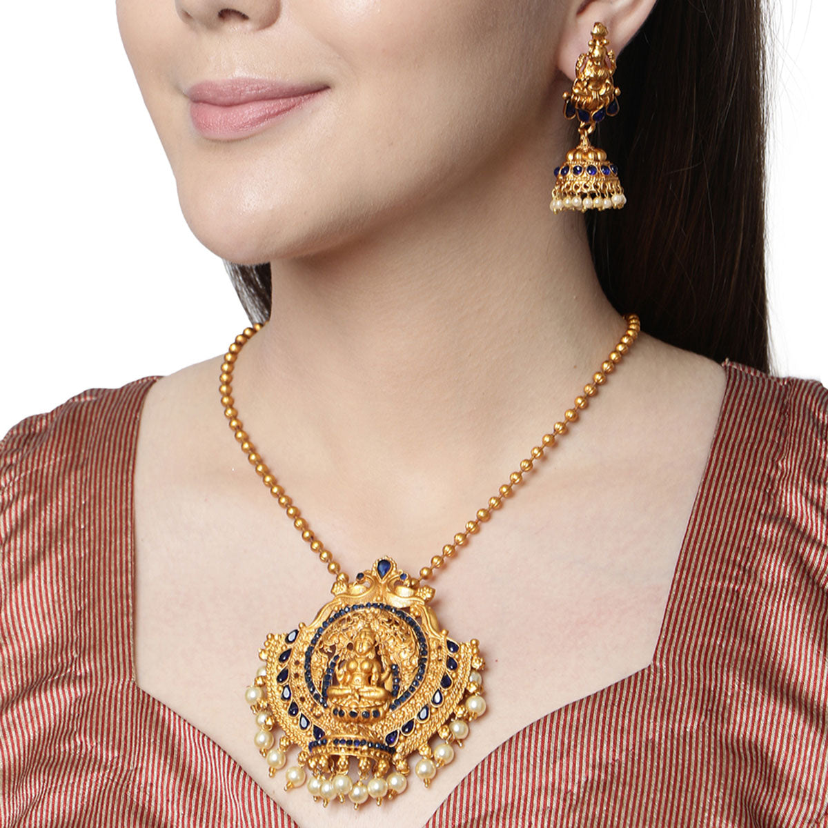Women's Antique Matte Gold Finish Goddess Laxmi Blue Stone Studded Temple Jewellery set