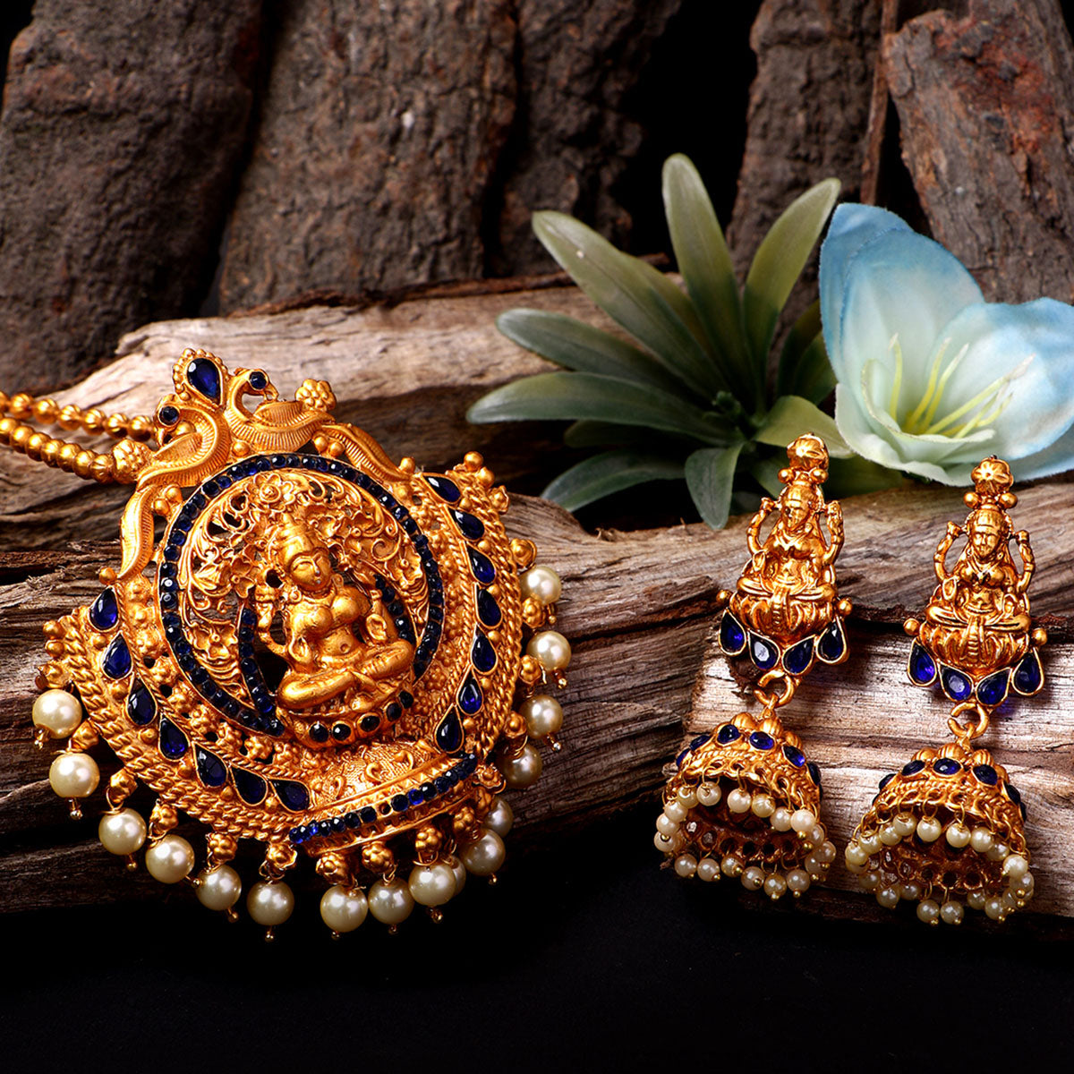 Women's Antique Matte Gold Finish Goddess Laxmi Blue Stone Studded Temple Jewellery set