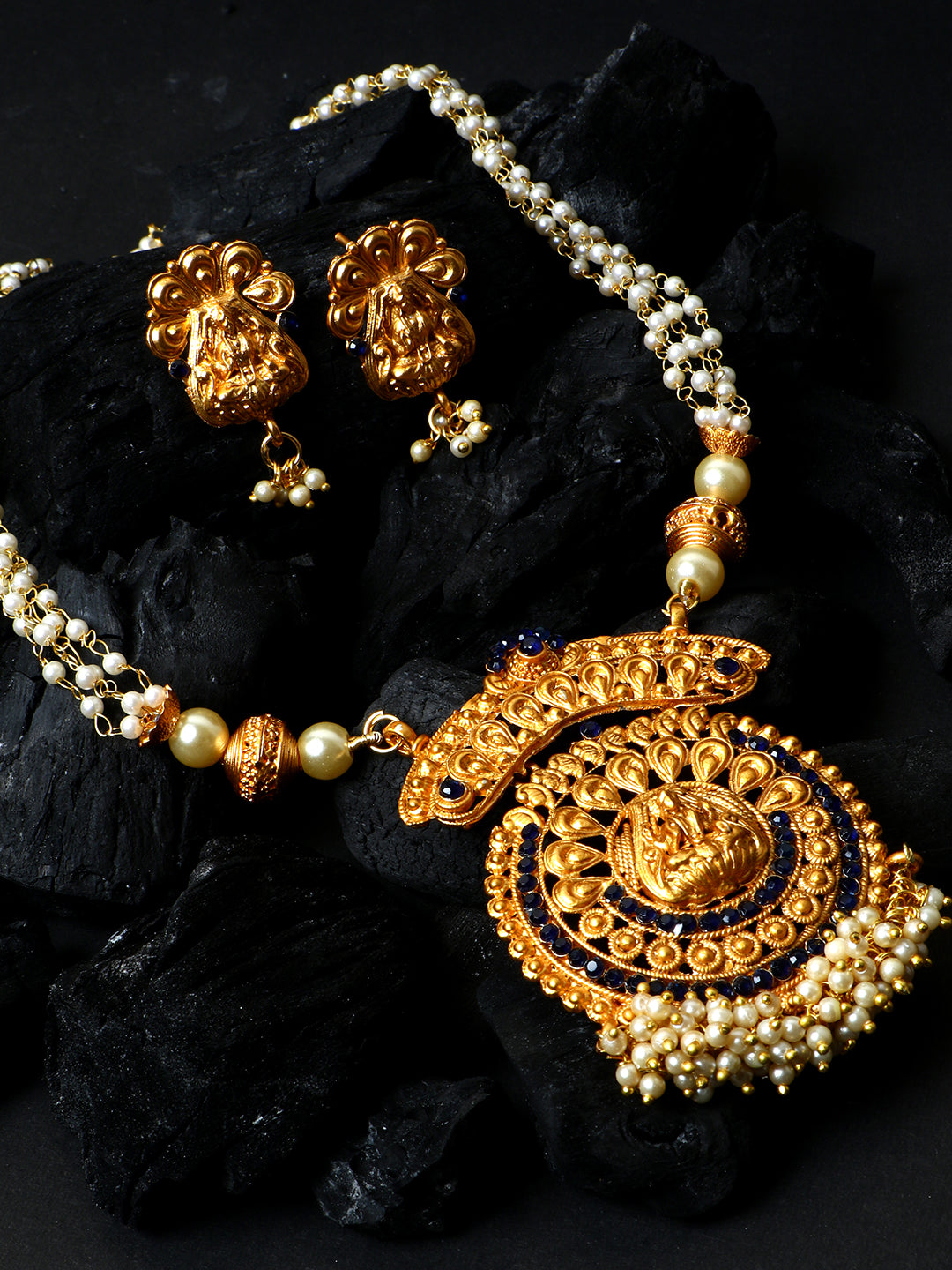 Women's Antique Matte Gold Finish Goddess Laxmi Blue Stone Studded Temple Jewellery set