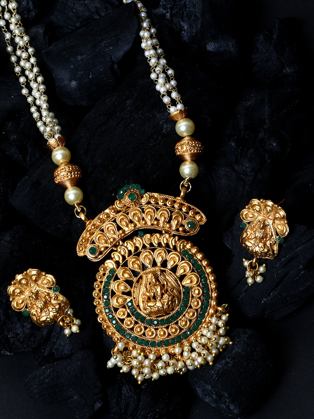 Women's Antique Matte Gold Finish Goddess Laxmi Green Stone Studded Temple Jewellery set