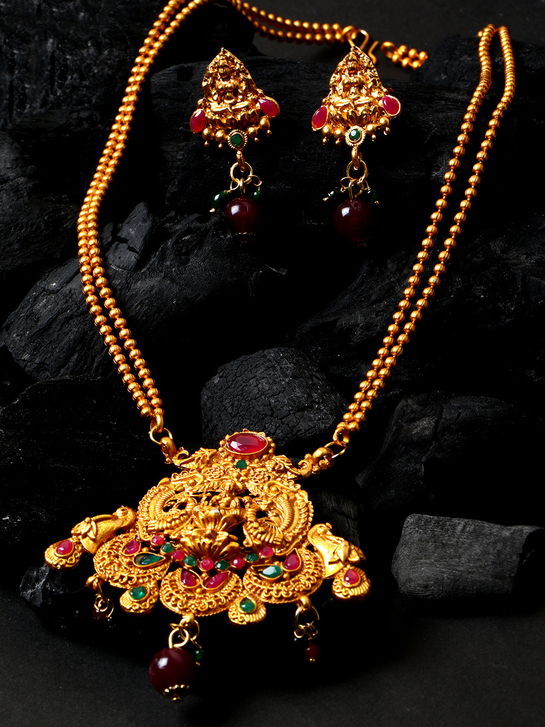 Women's Antique Matte Gold Finish Green Stone Studded Temple Jewellery set