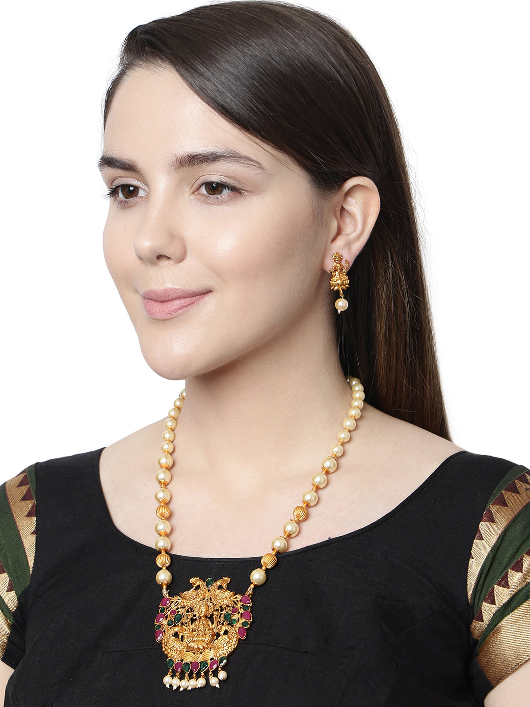 Women's Antique Matte Gold Finish Goddess Laxmi Green Stone Studded Temple Jewellery set