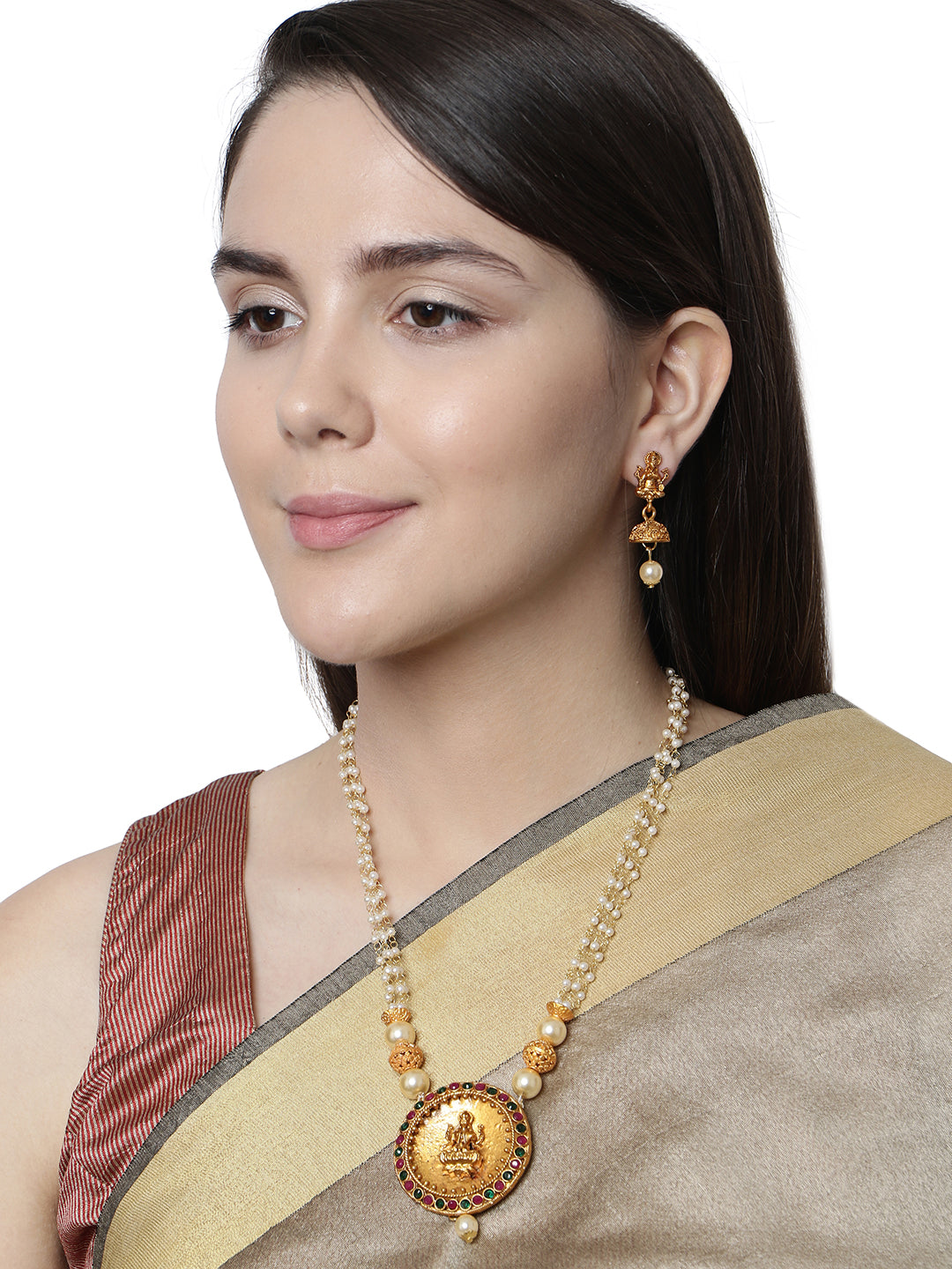 Women's Antique Matte Gold Finish Goddess Laxmi Green Stone Studded Temple Jewellery set