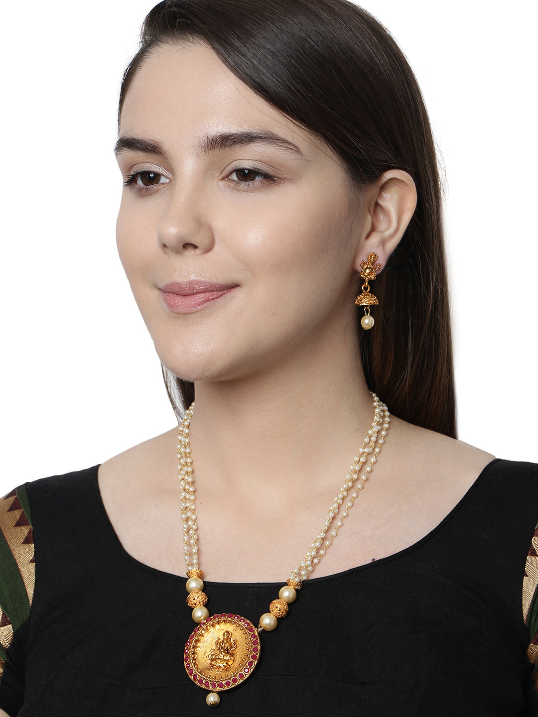 Women's Antique Matte Gold Finish Goddess Laxmi Maroon Stone Studded Temple Jewellery set