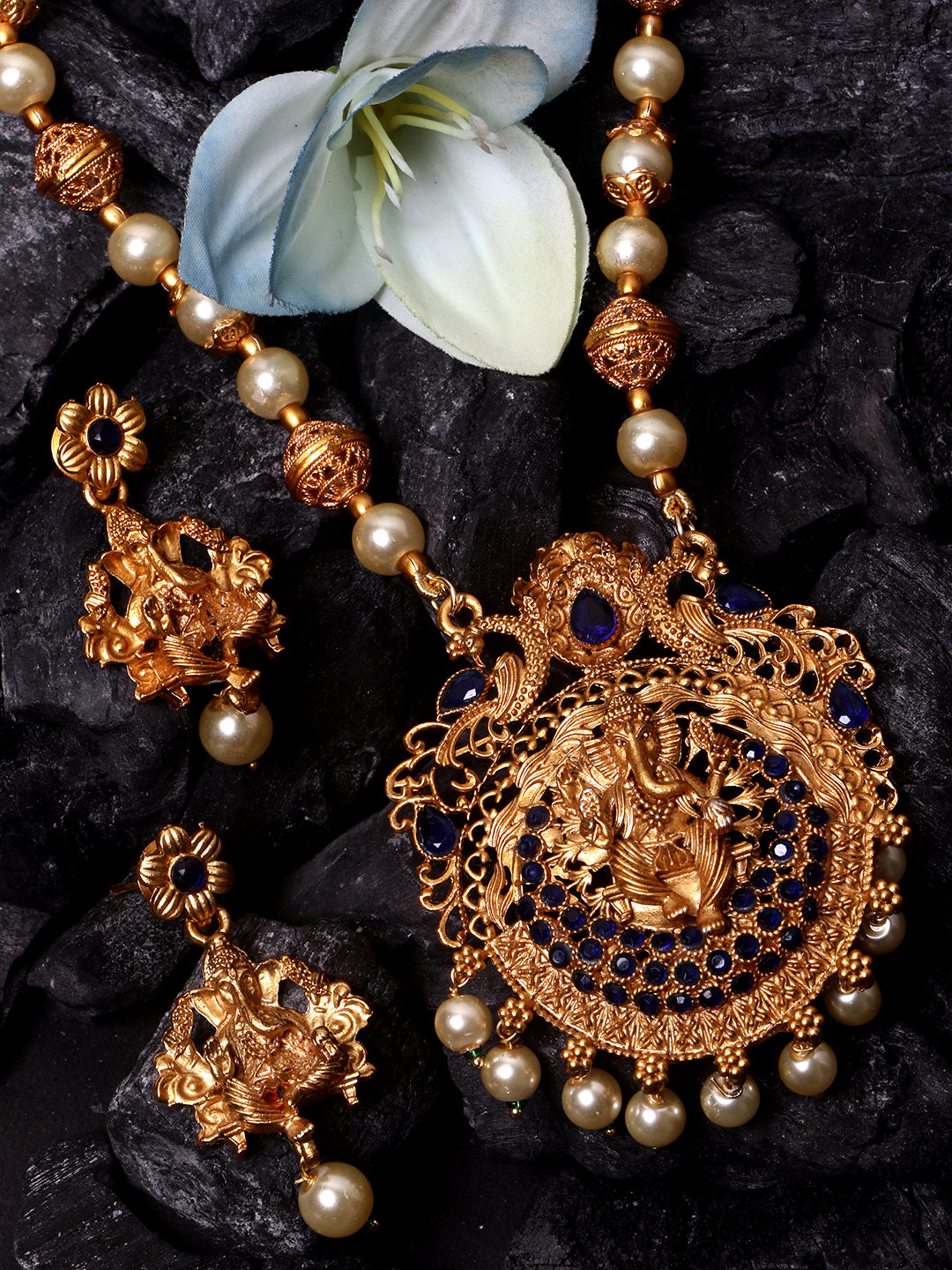 Women's Gold Plated Maa Laxmi Stone Studded Necklace With Earrrings