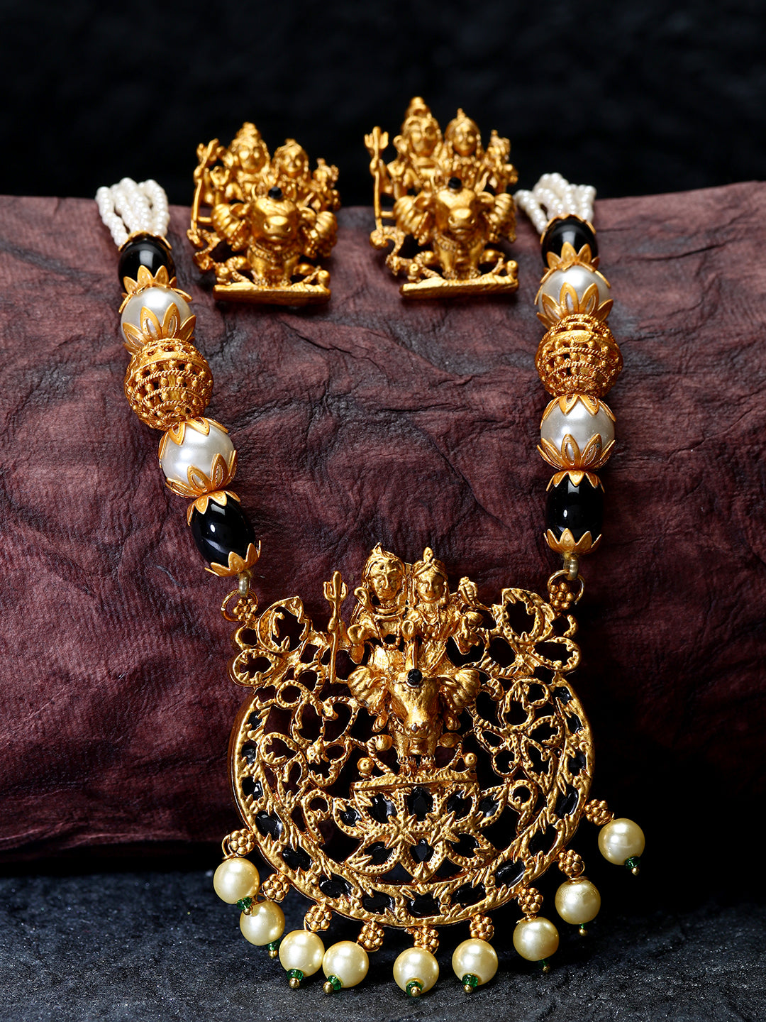 Women's Gold Plated Maa Laxmi Stone Studded Necklace With Earrrings