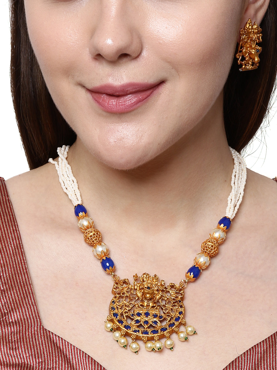 Women's Gold Plated Maa Laxmi Stone Studded Necklace With Earrrings