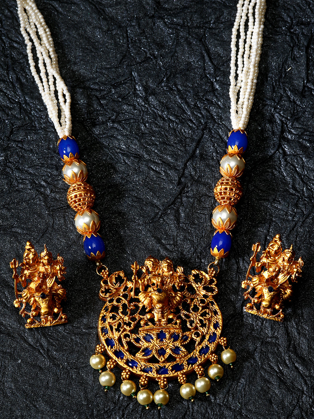 Women's Gold Plated Maa Laxmi Stone Studded Necklace With Earrrings