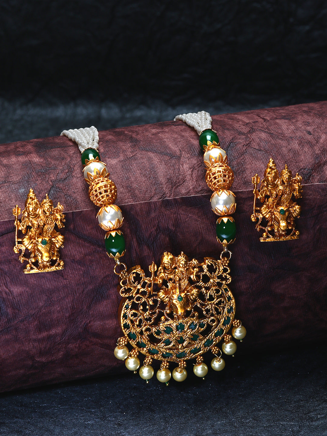 Women's Gold Plated Maa Laxmi Stone Studded Necklace With Earrrings