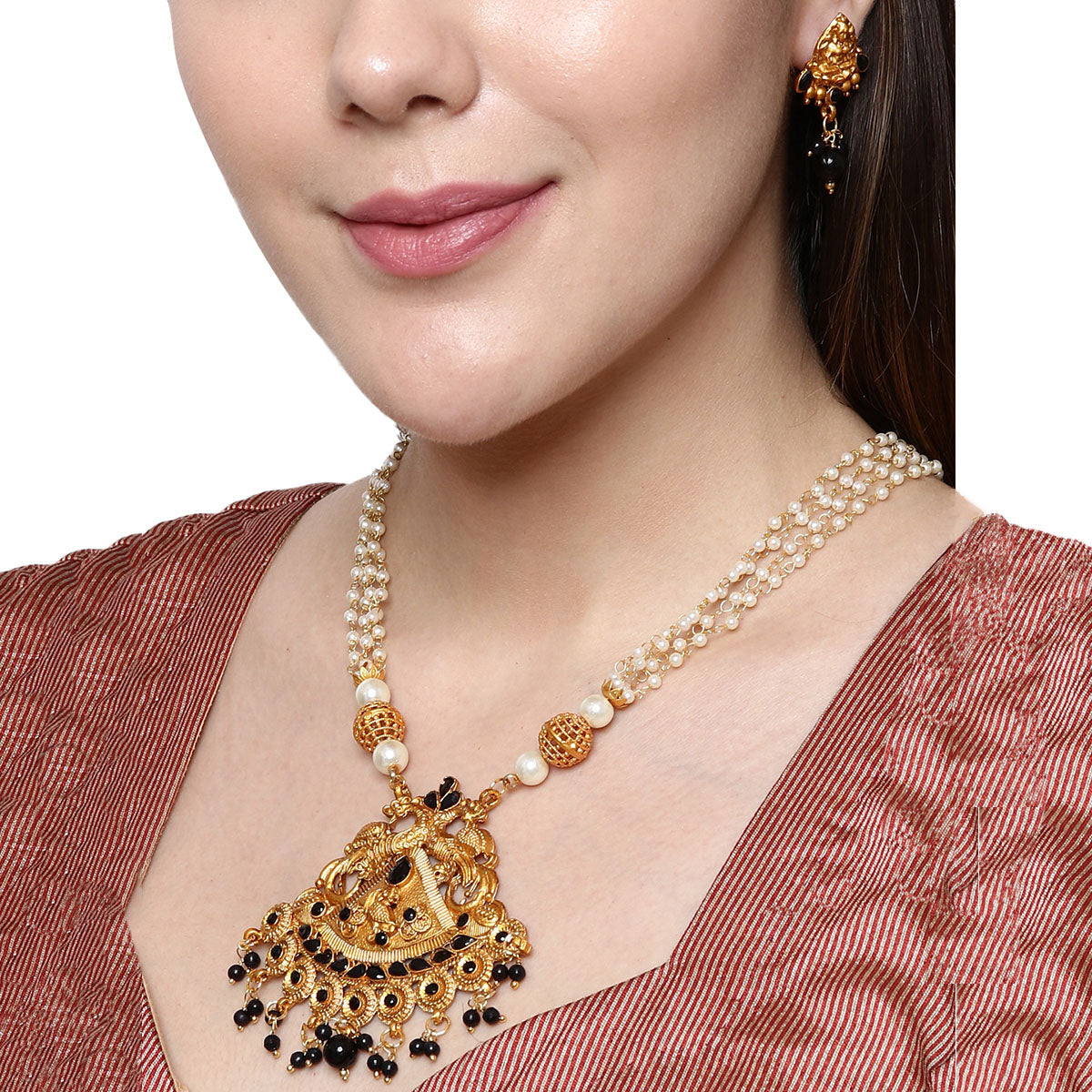 Women's Gold Plated Maa Laxmi Stone Studded Necklace With Earrrings